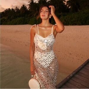 For Love & Lemons Charlie Silver Sequin Sheer Bow Back Formal Maxi Dress Large